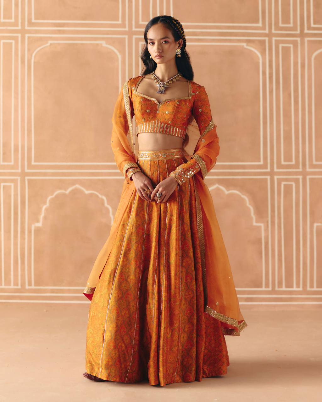 Burnt Orange Panelled Lehenga Set
