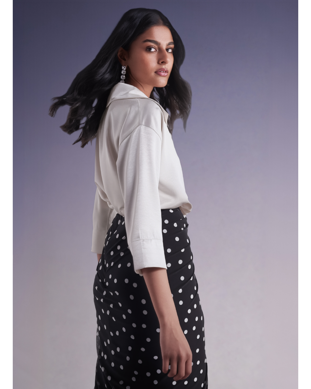 Boxy Satin Popover Top & Polka Dot Drape Skirt