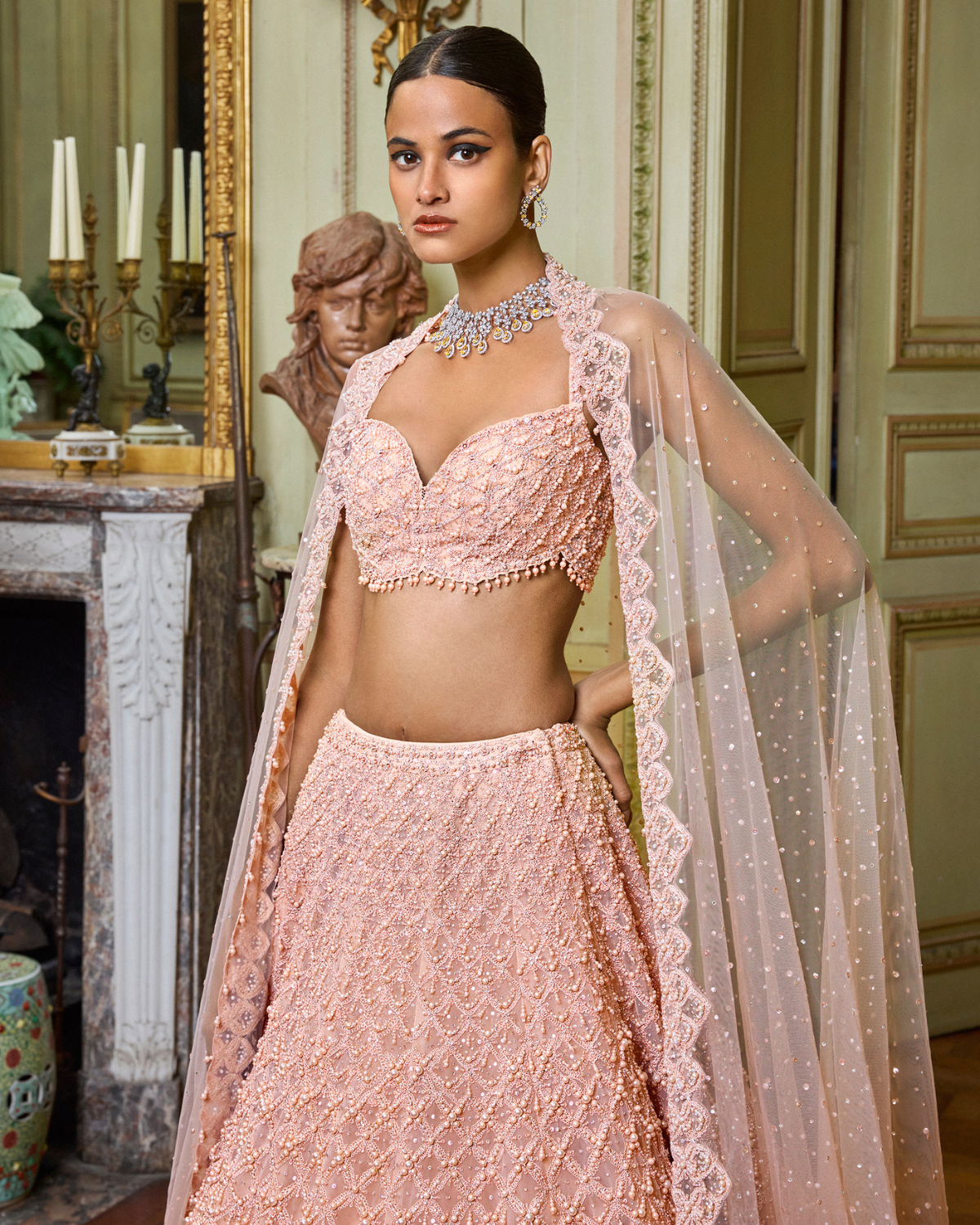 Rose Gold Pearl Drop Lehenga Set