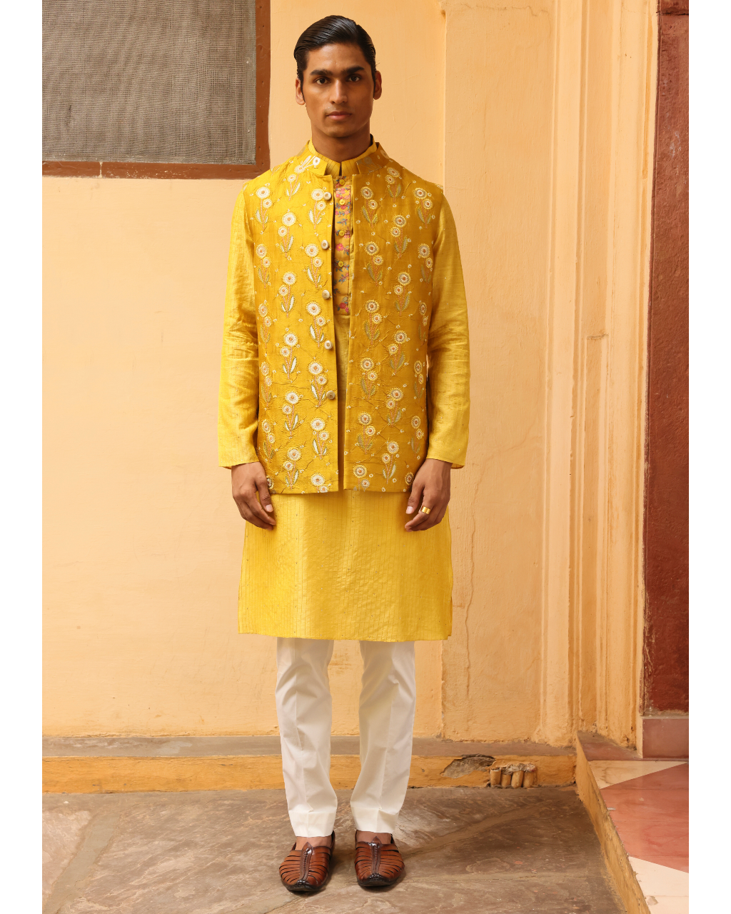 Marigold Yellow Silk Brocade Floral Bandi Set