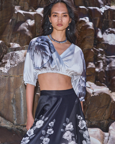 Greyscale Floral Print Maxi Skirt and Crop Top Set