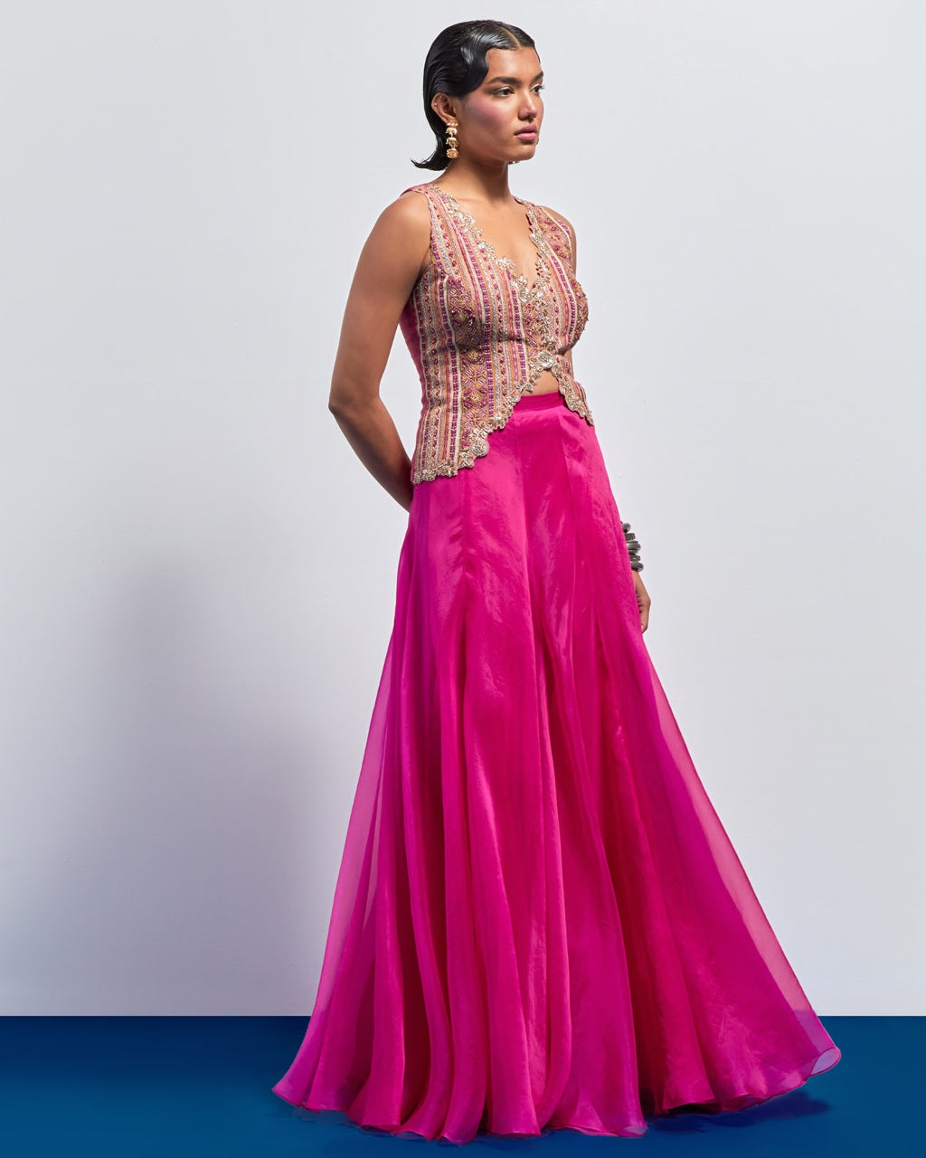 Hot Pink Embroidered Corset Skirt Set