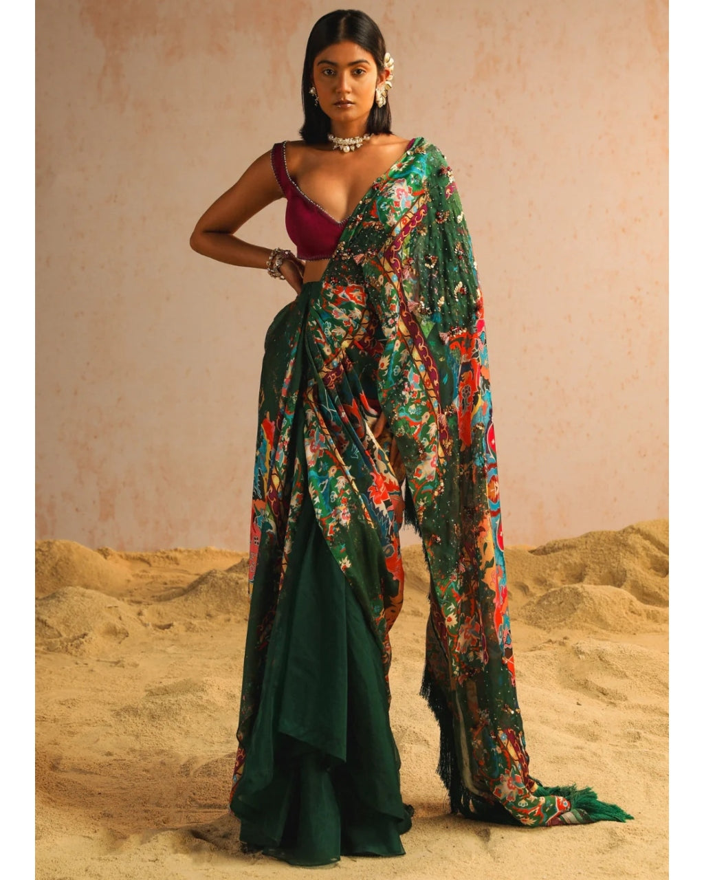 Green Draped Sari Set