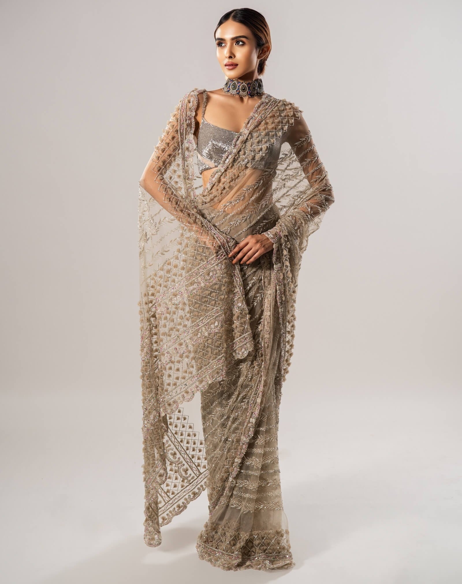 Tan Tulle Sari With 3D Petal Aanchal And Beaded Blouse