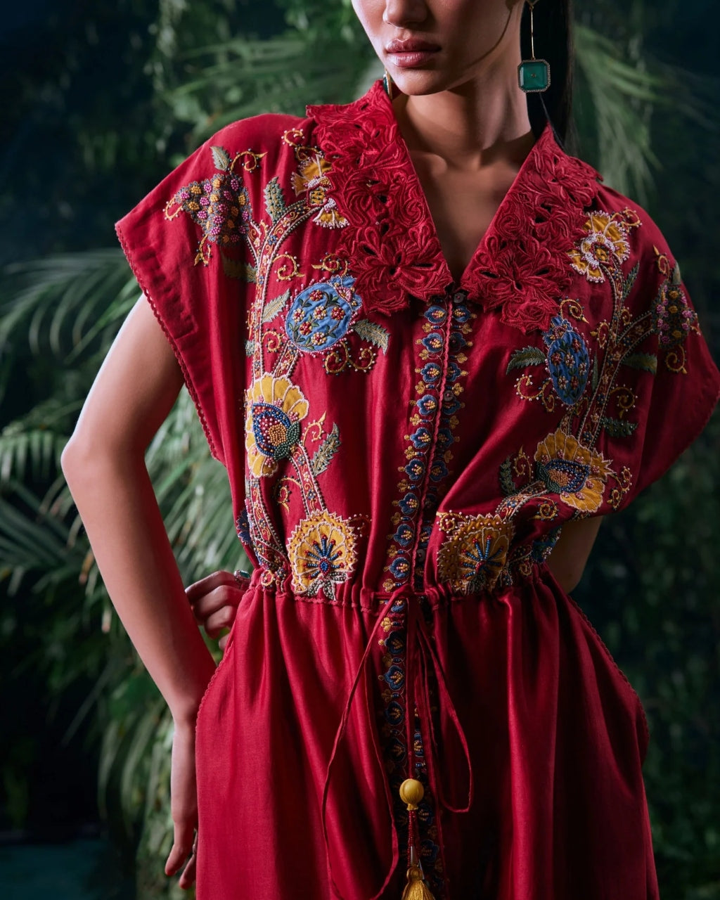 Red Floral Embroidered Shirt Dress