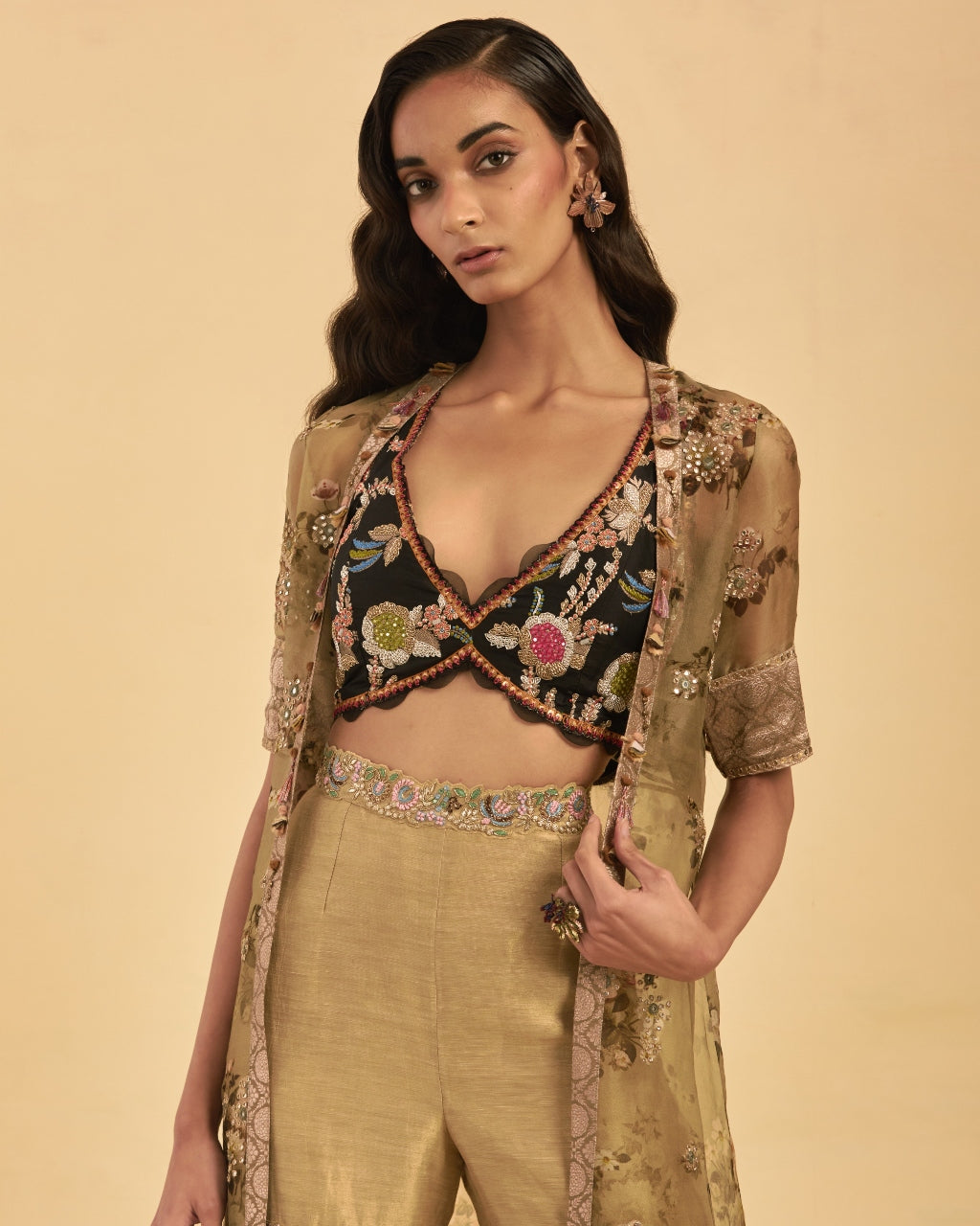 Beige Palazzo And Printed Cape Set