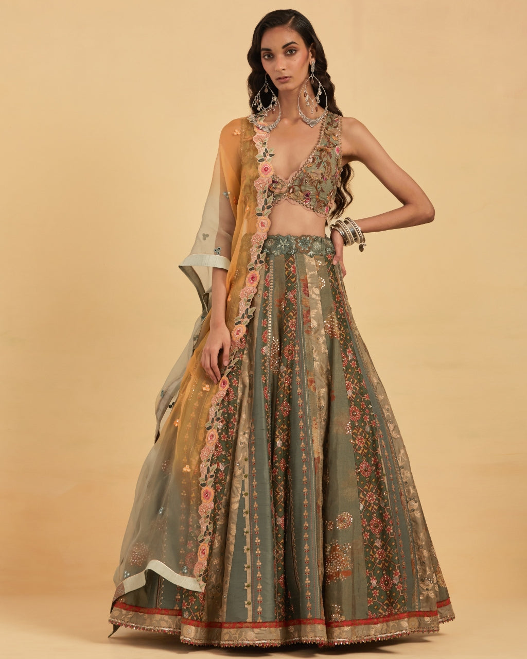 Green Silk Lehenga With Hand Embroidered Dupatta Set