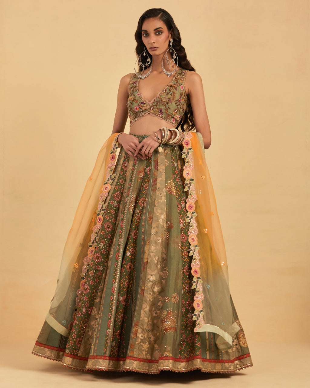 Green Silk Lehenga With Hand Embroidered Dupatta Set