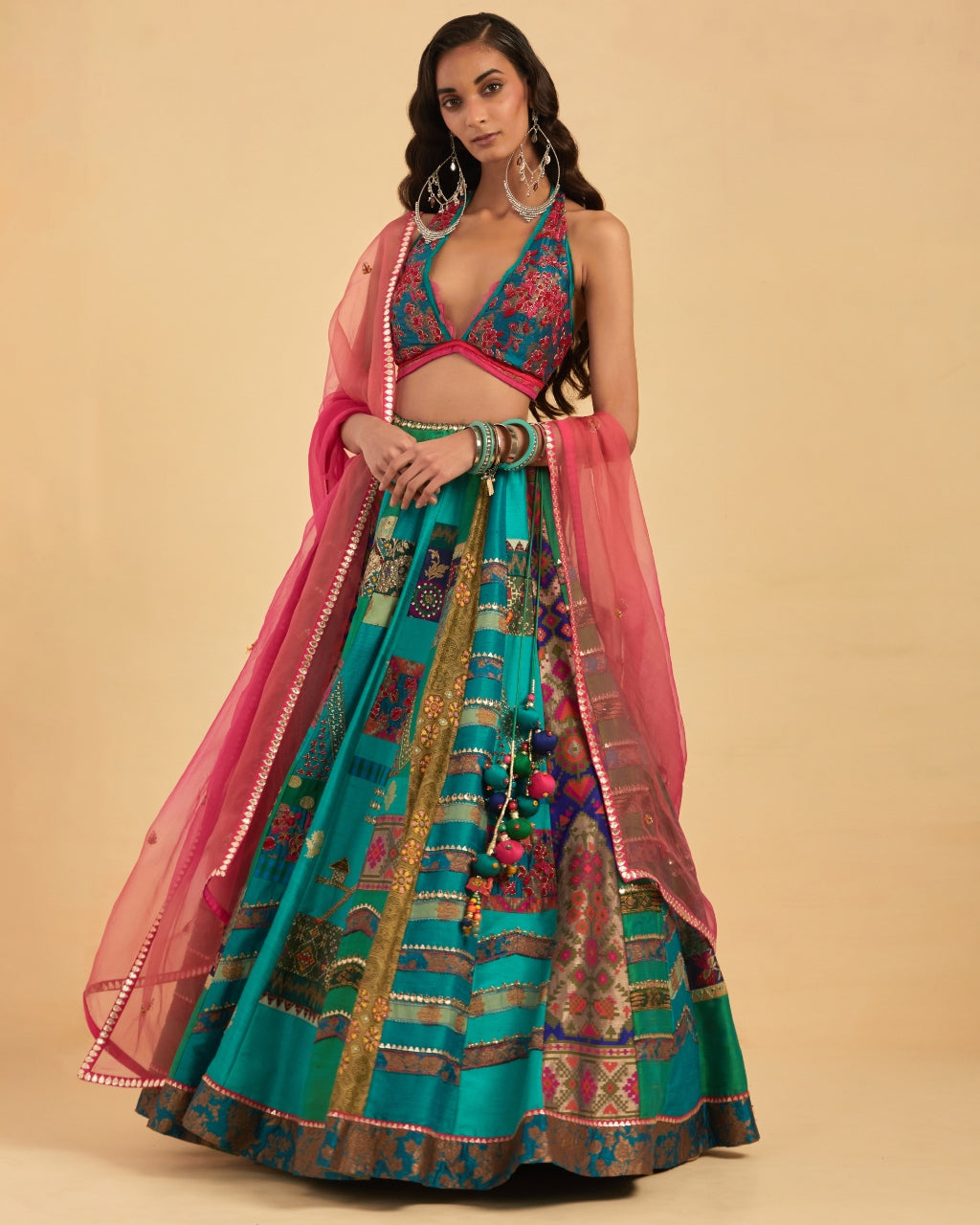 Green Silk Hand Embroidered Lehenga Set