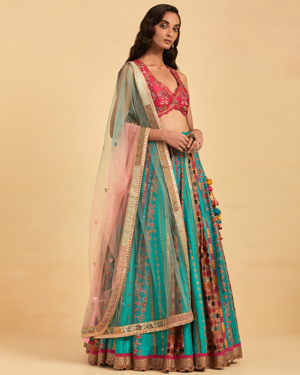 Turquoise Silk Hand Embroidered Lehenga Set