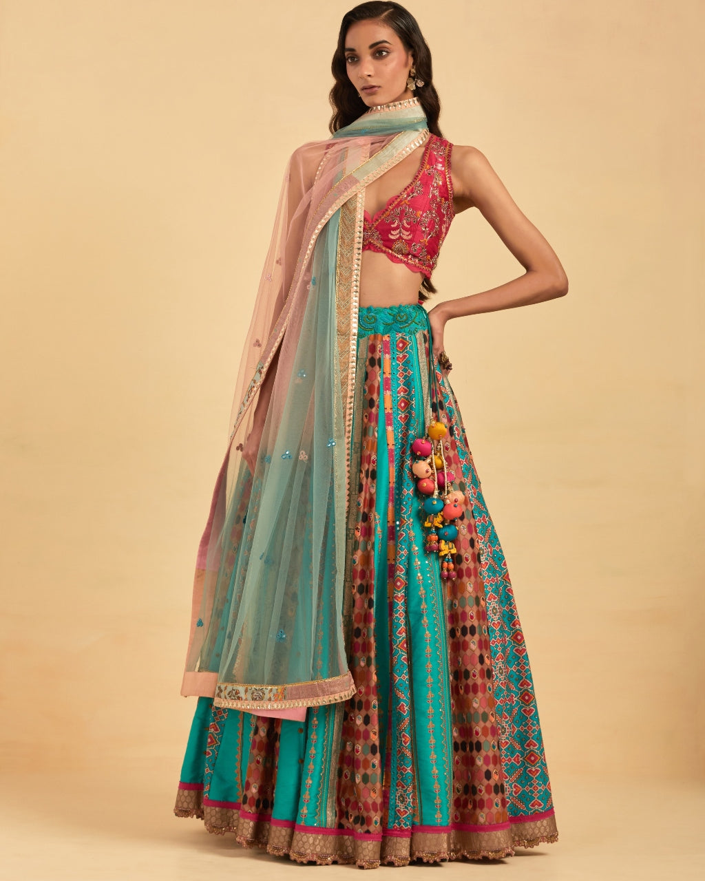 Turquoise Silk Hand Embroidered Lehenga Set