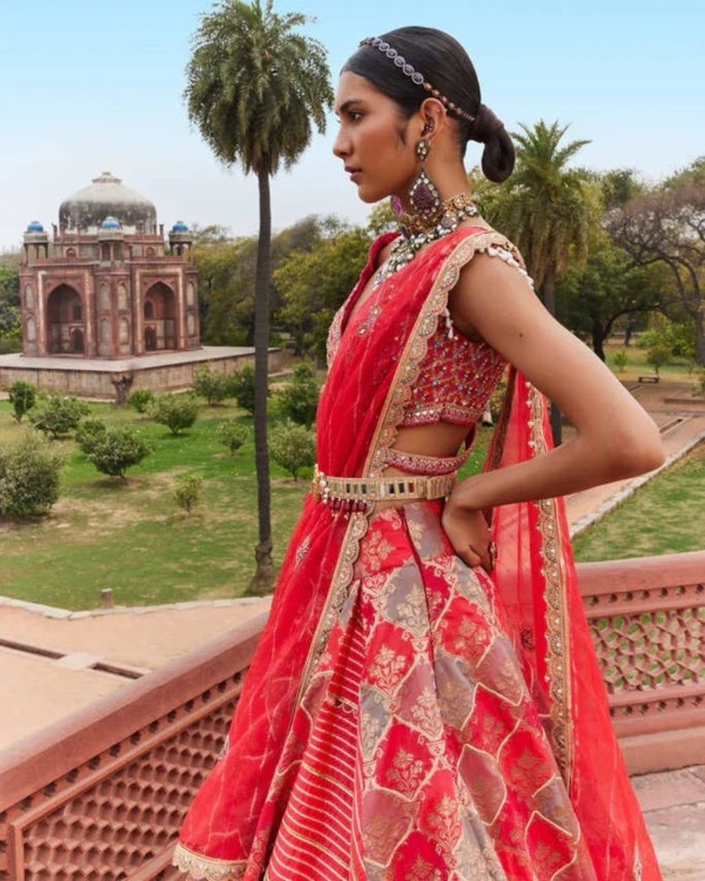 Hot Pink Banarsi Print Chanderi Lehenga Set