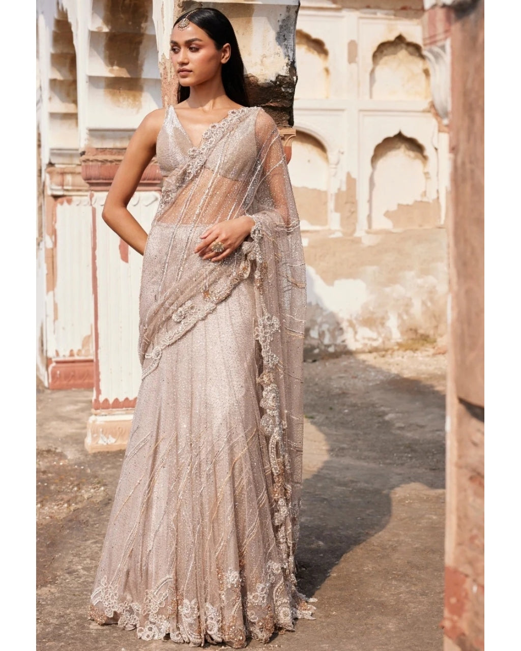 Hecate Dusty Ivory Shimmer Tulle Bridal Lehenga Sari