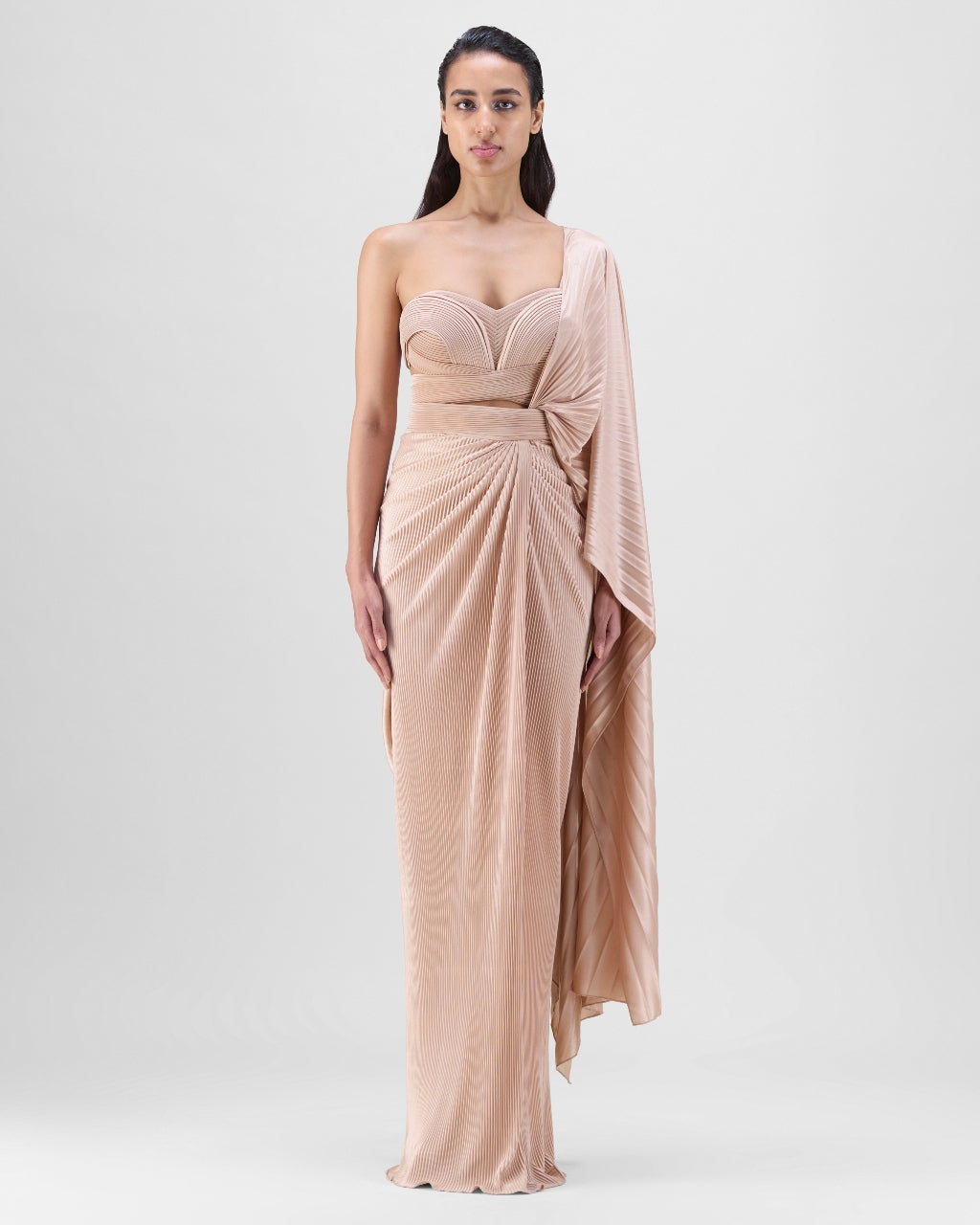 Nude Structured Blouse With Drape Sari Set