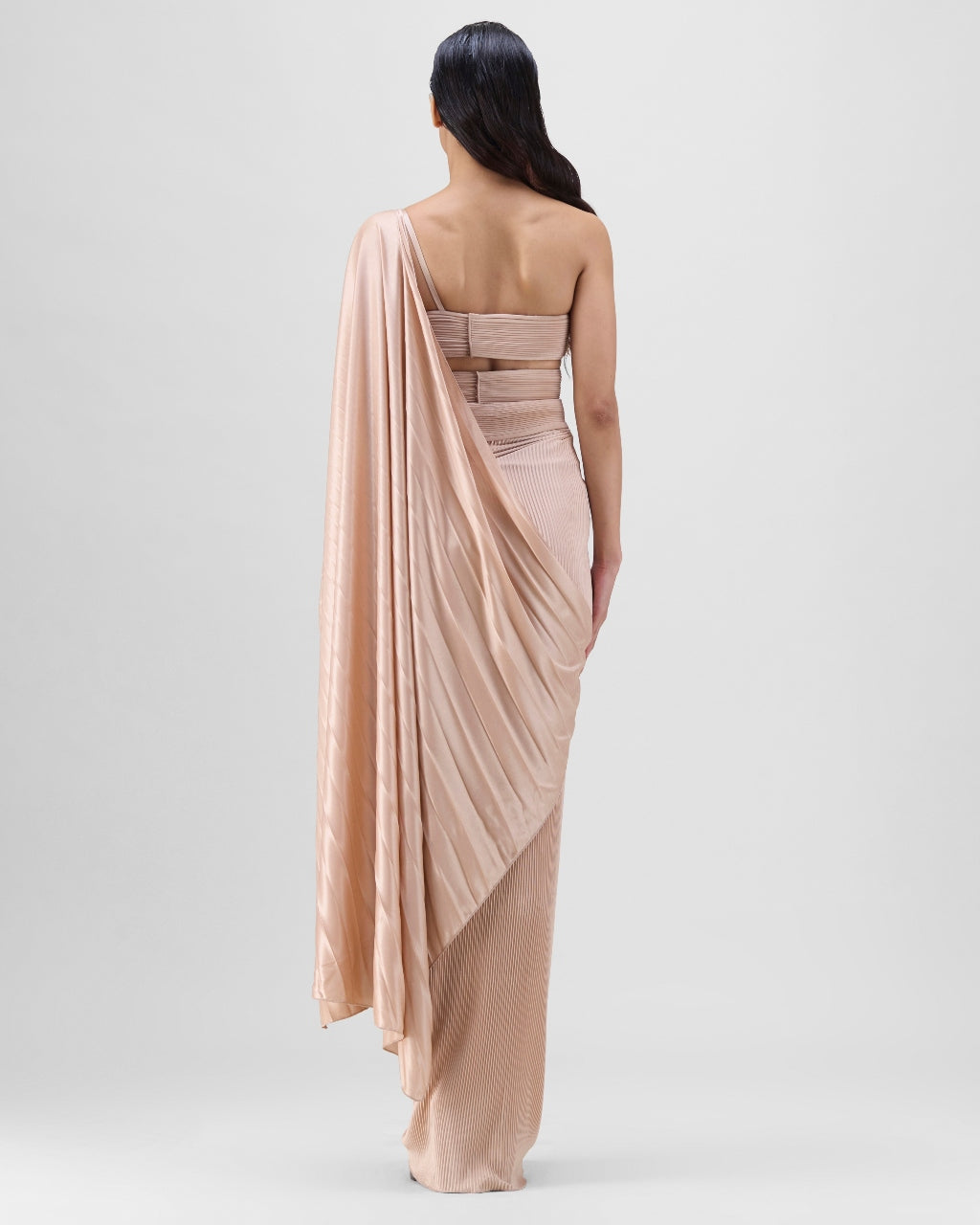 Nude Structured Blouse With Drape Sari Set