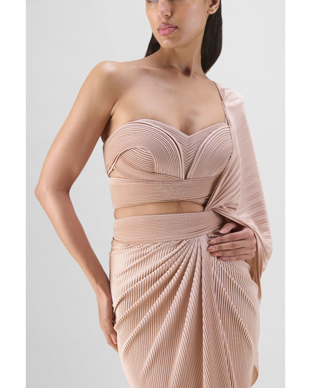 Nude Structured Blouse With Drape Sari Set