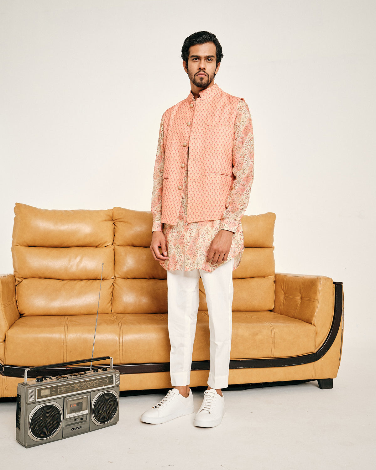 Cream and Peach Gul Malai Cotton Kurta Pajama Set