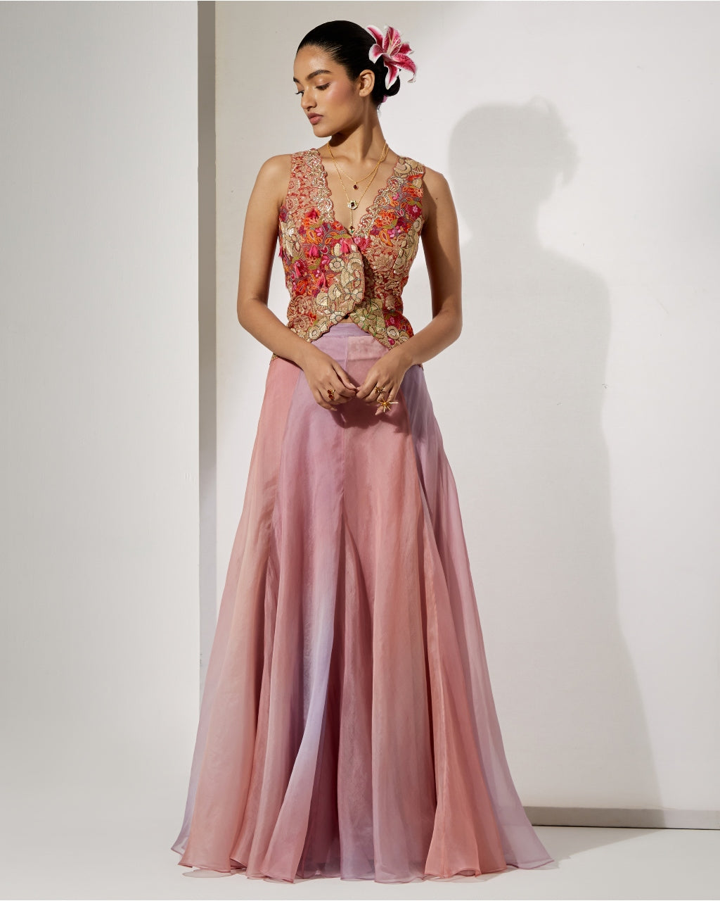 Blush Pink Embroidered Corset & Organza Skirt Set