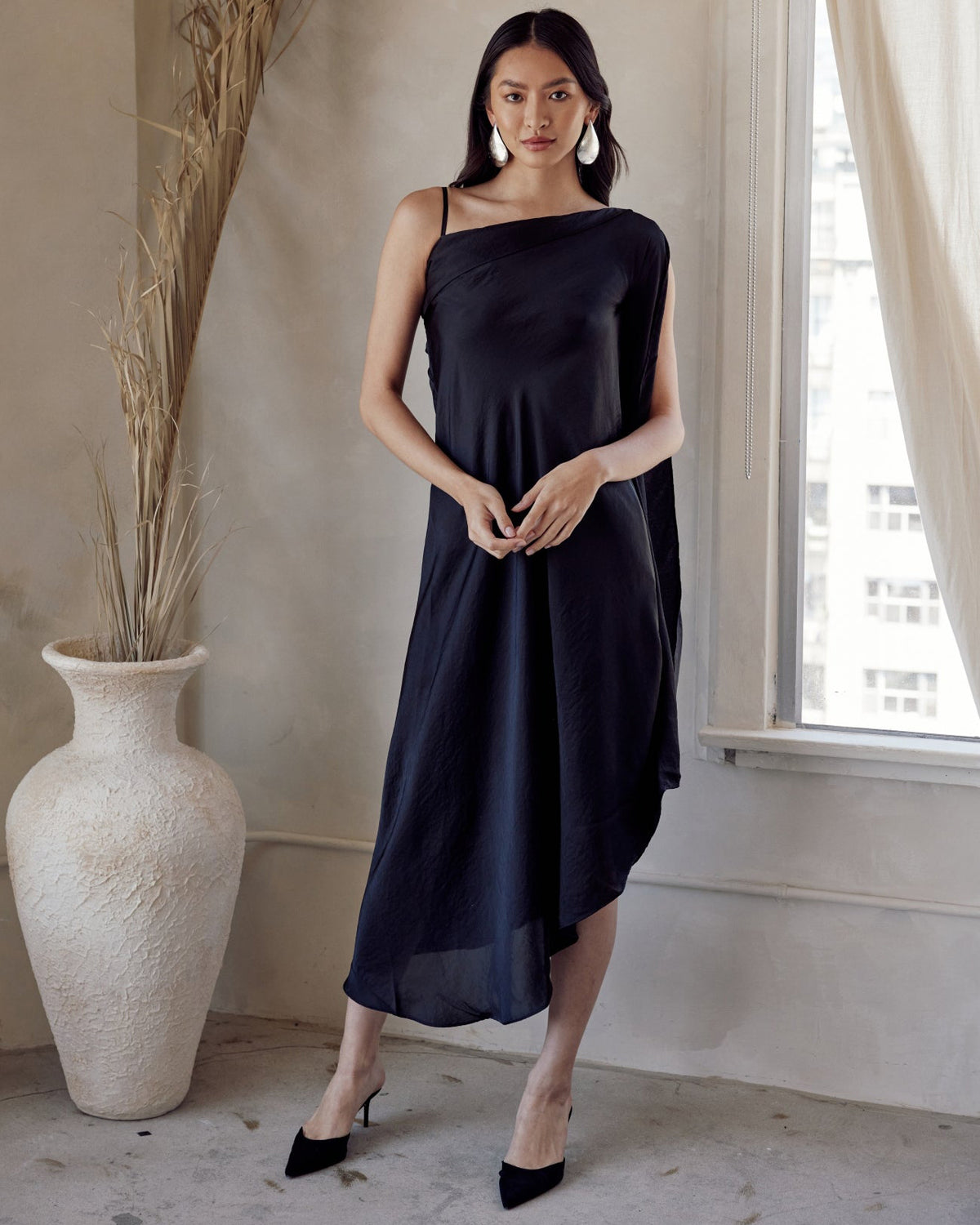 Black One Shoulder Draped Dress