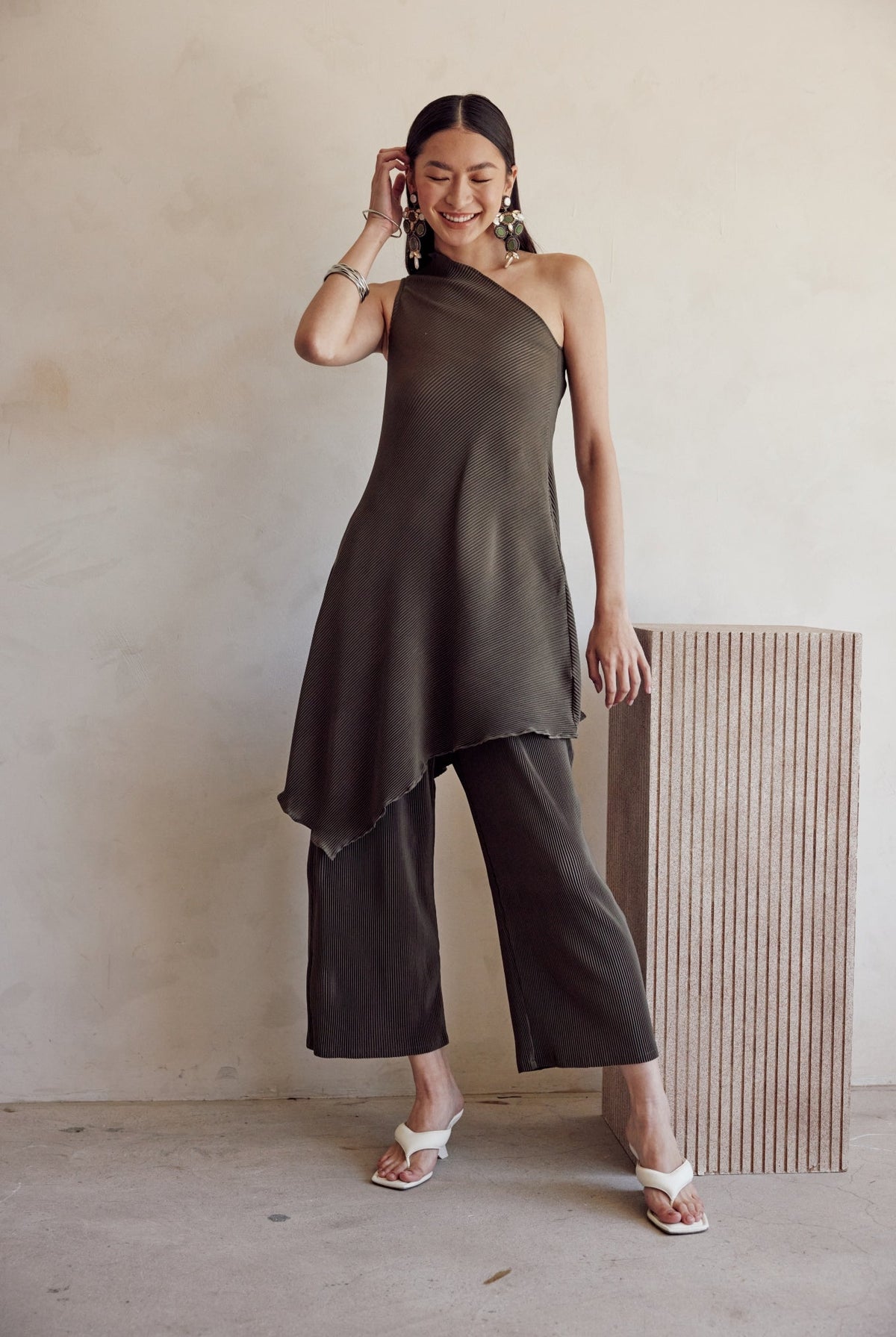 Burnt Olive One Shoulder Pleat Set