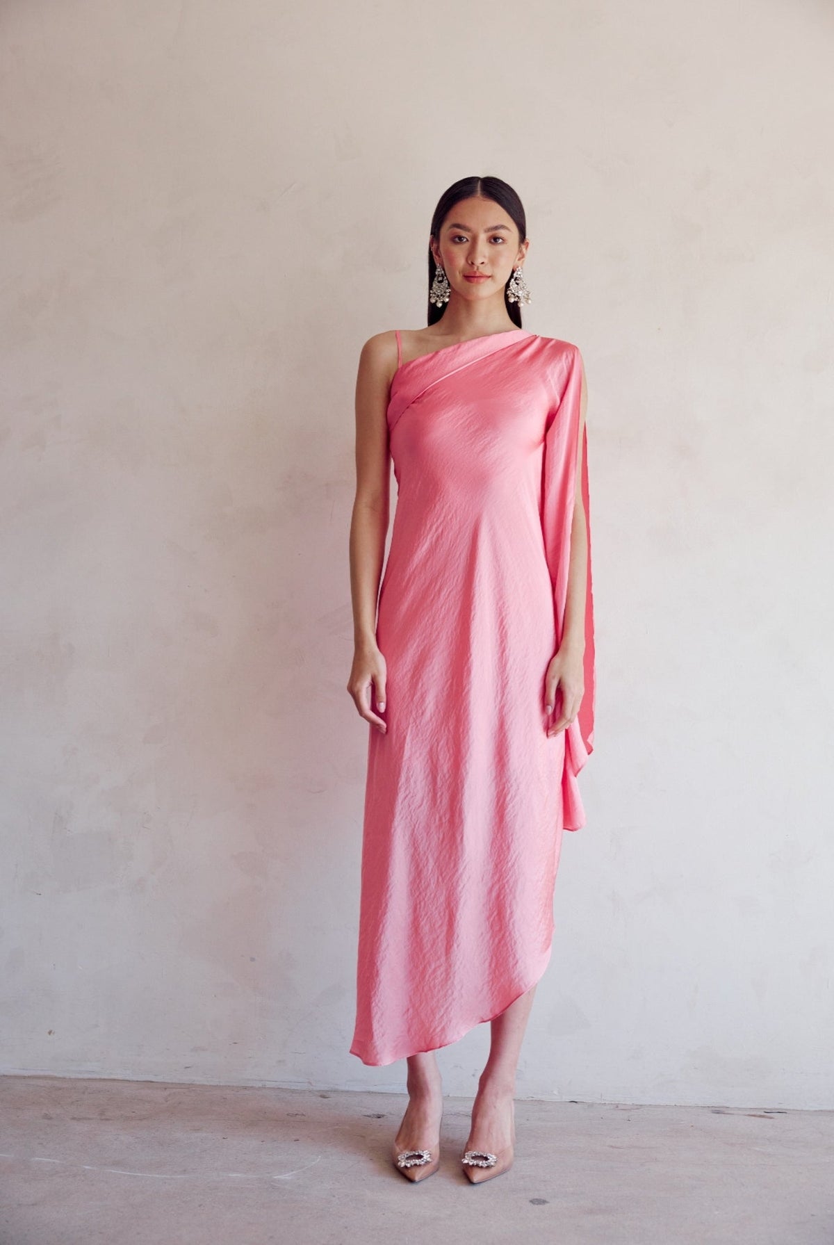 Pink One Shoulder Draped Dress