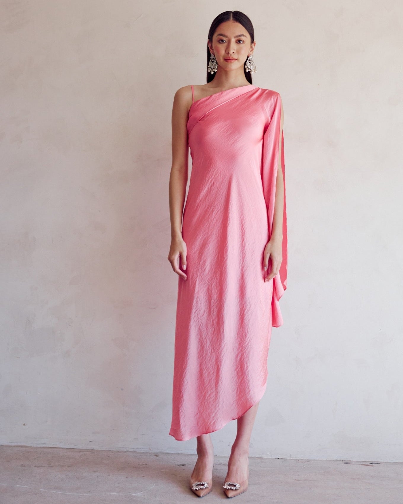 Pink One Shoulder Draped Dress