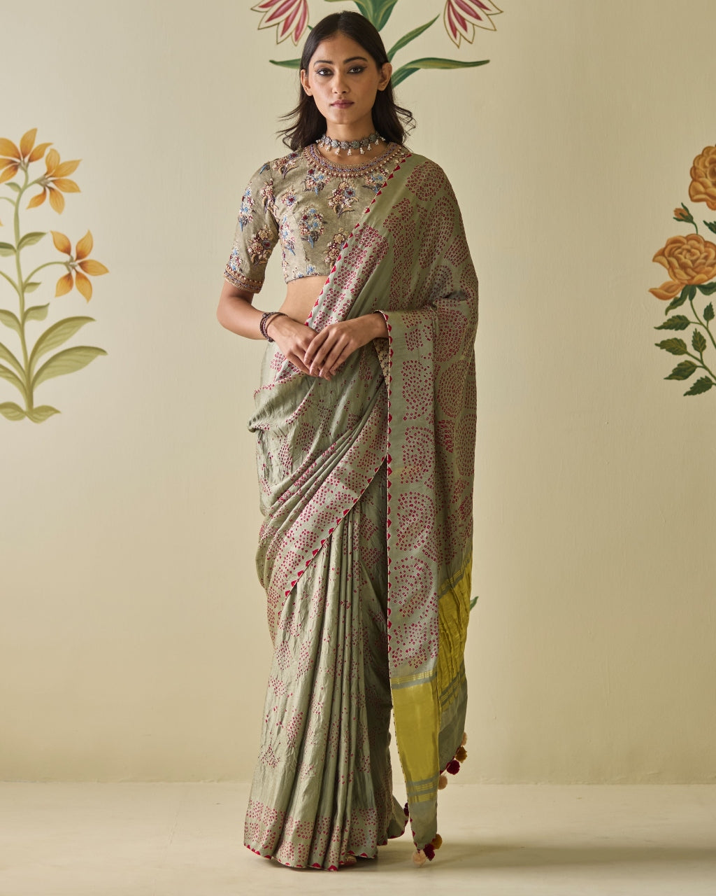 Grey Bandhani Sari Set