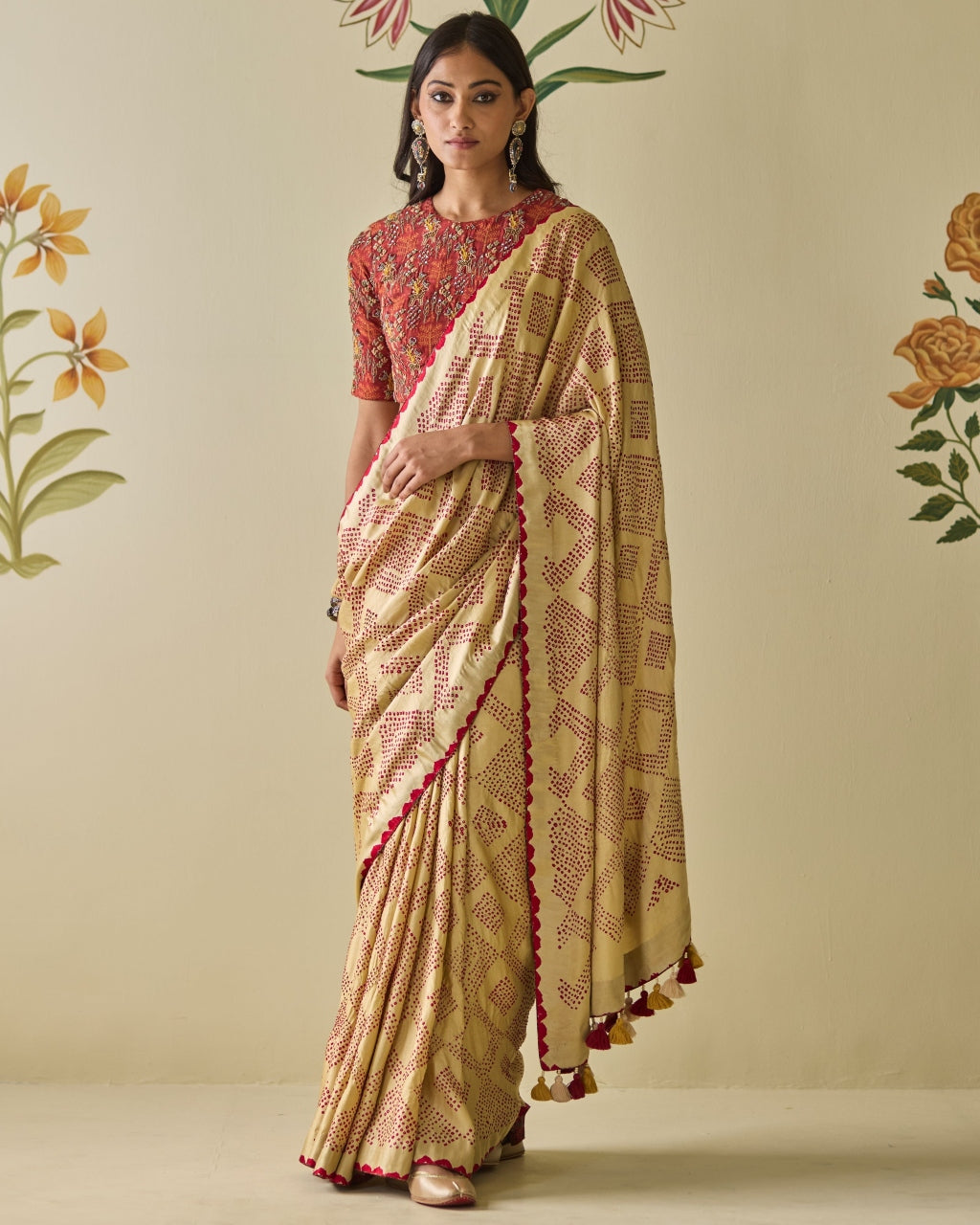 Cream & Red Bandhani Sari Set