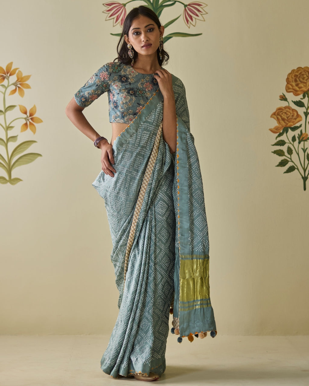 Blue Bandhani Sari Set