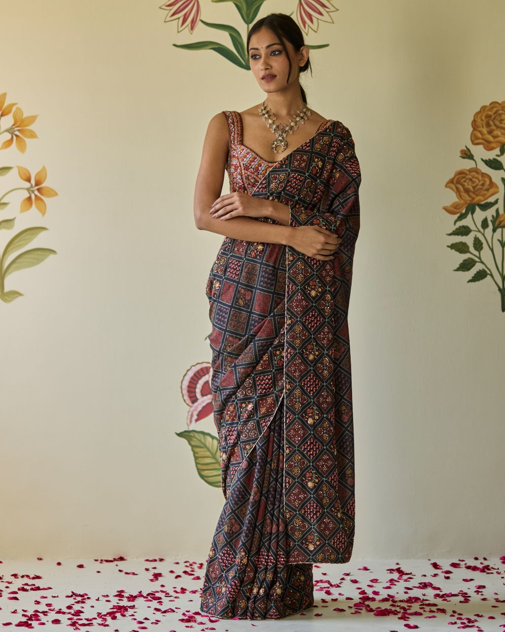 Black Beadwork Sari Set