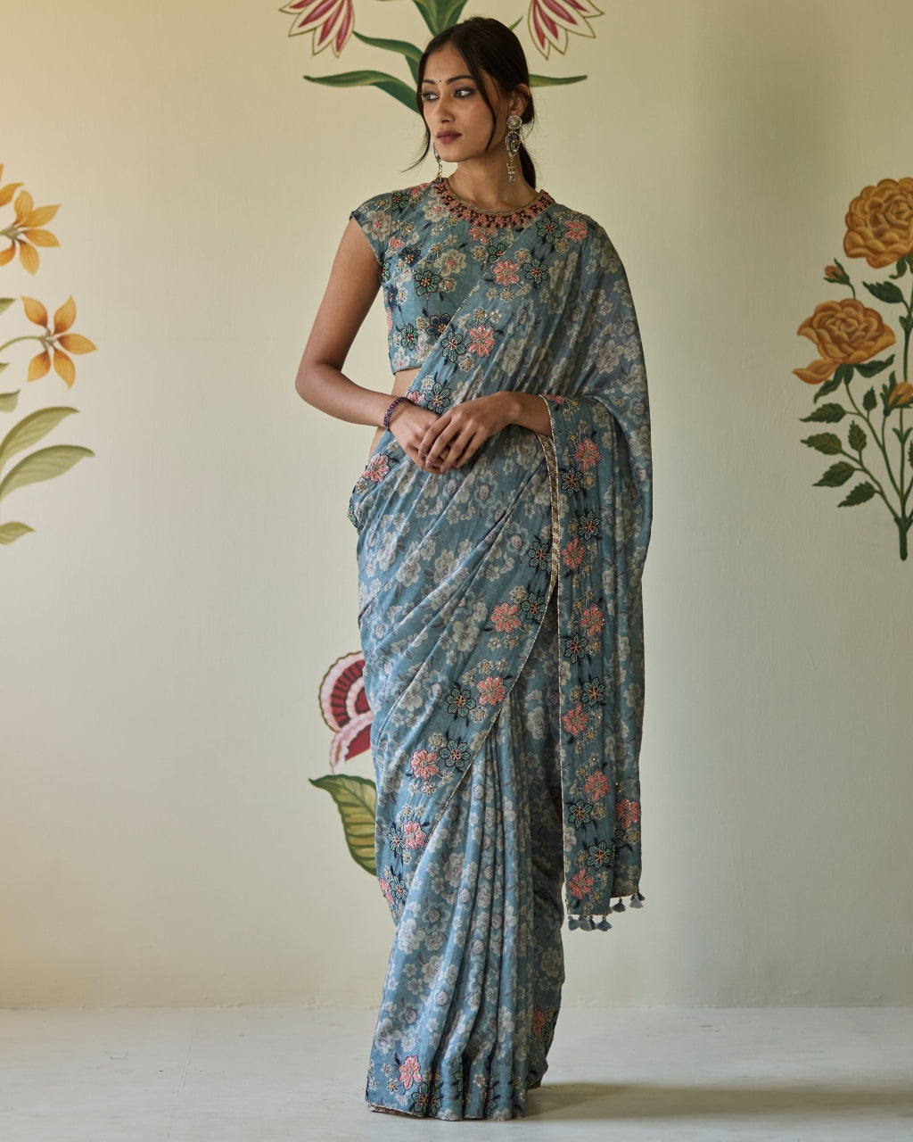 Blue Floral Sari Set
