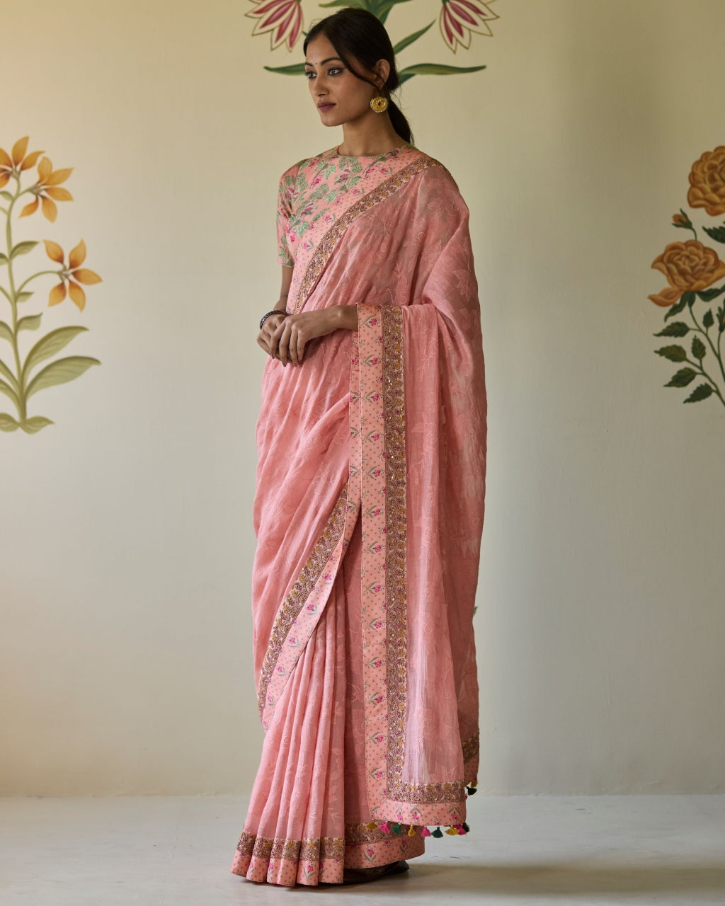 Pink Threadwork Sari Set
