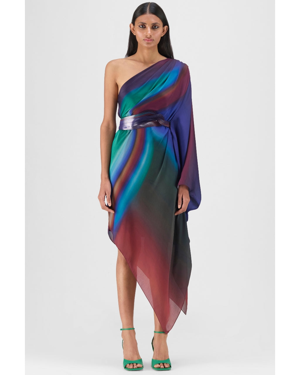 Metallic One Shoulder Watercolor Dress
