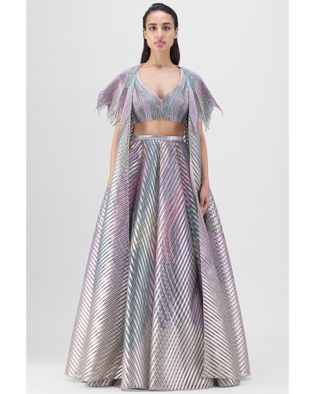 Metallic Fluted Tulle Printed Cape And Skirt Set
