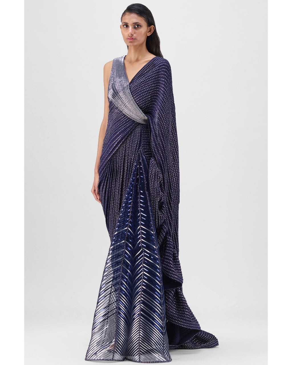 Metallic Structured Gown With Ruffle Braided Drape Set