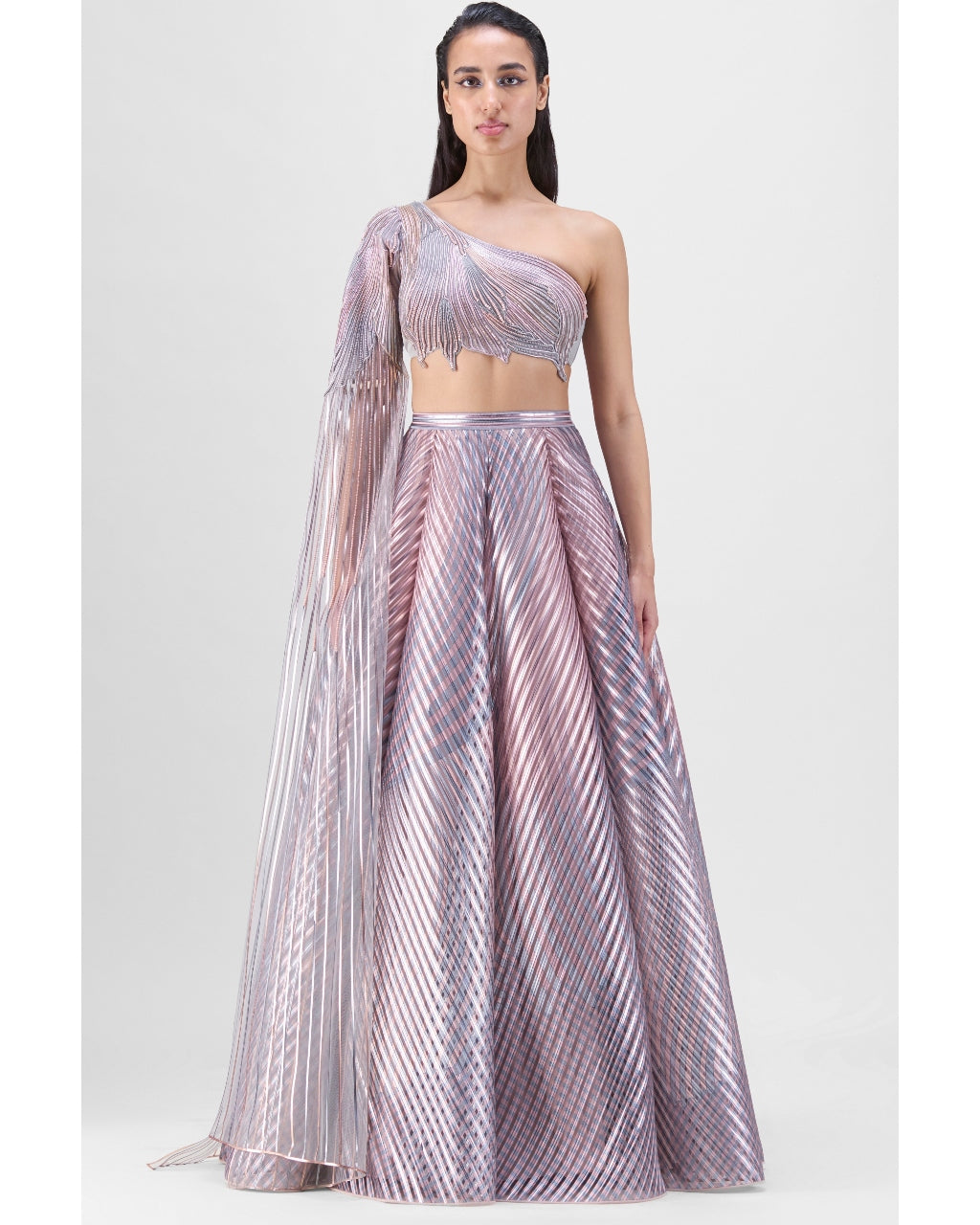 Metallic Fluted Tulle Printed Skirt And Beaded Top Set