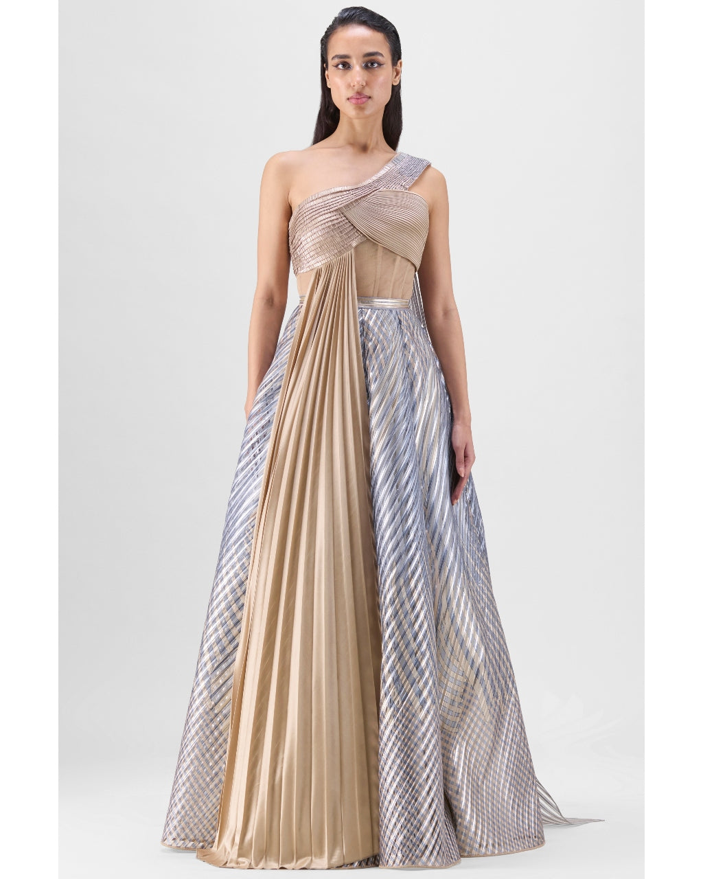 Metallic Fluted Tulle Printed Skirt And Top With Two Drapes Set