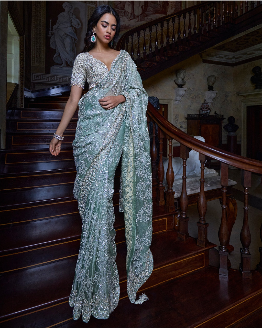 Ivory Sage Zardosi Sari Set