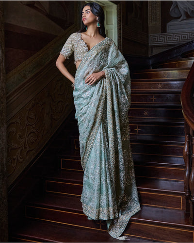 Ivory Sage Zardosi Sari Set