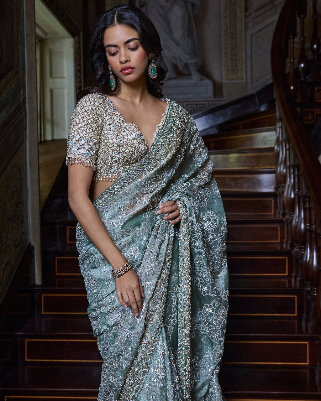 Ivory Sage Zardosi Sari Set