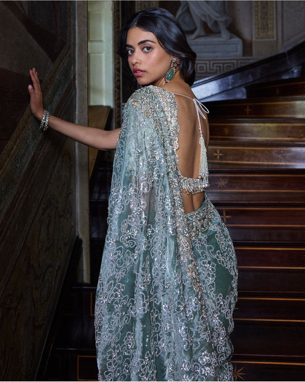 Ivory Sage Zardosi Sari Set