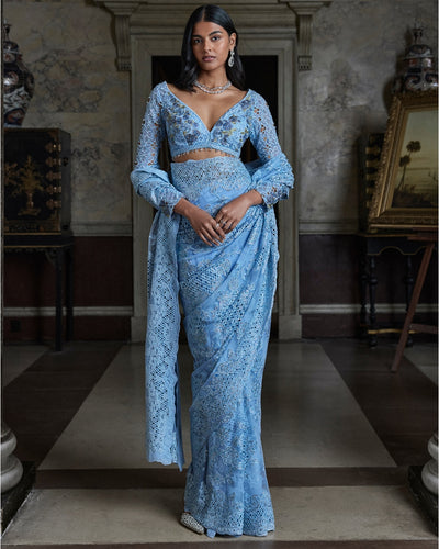 Powder Blue Thread Work Sari Set