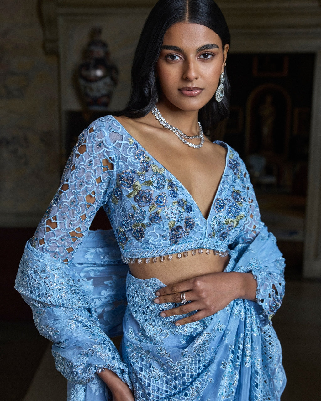 Powder Blue Thread Work Sari Set