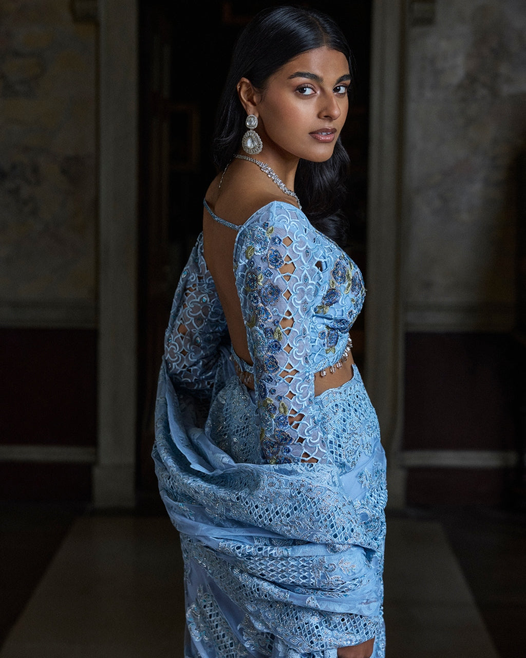 Powder Blue Thread Work Sari Set