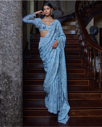 Powder Blue Thread Work Sari Set