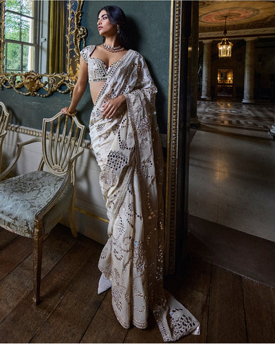Beige Mirror Work Sari Set