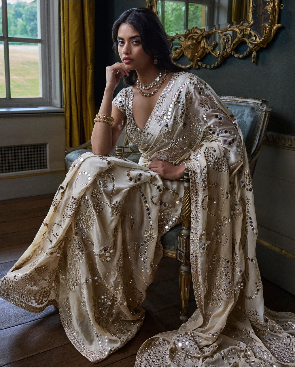 Beige Mirror Work Sari Set