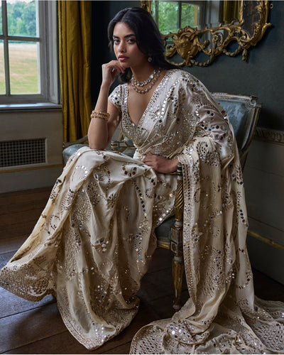 Beige Mirror Work Sari Set