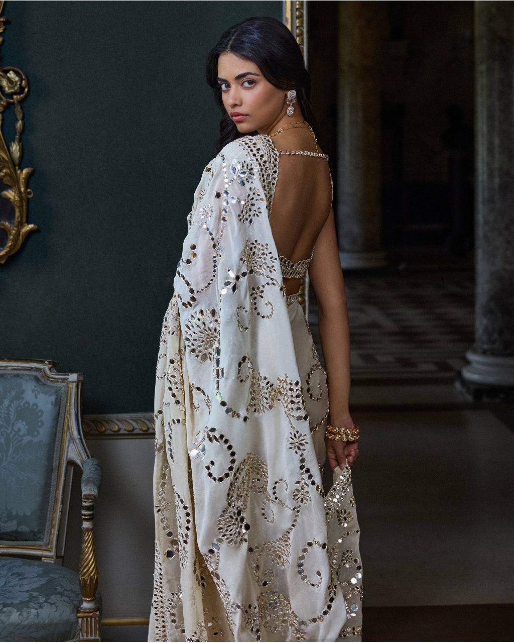 Beige Mirror Work Sari Set