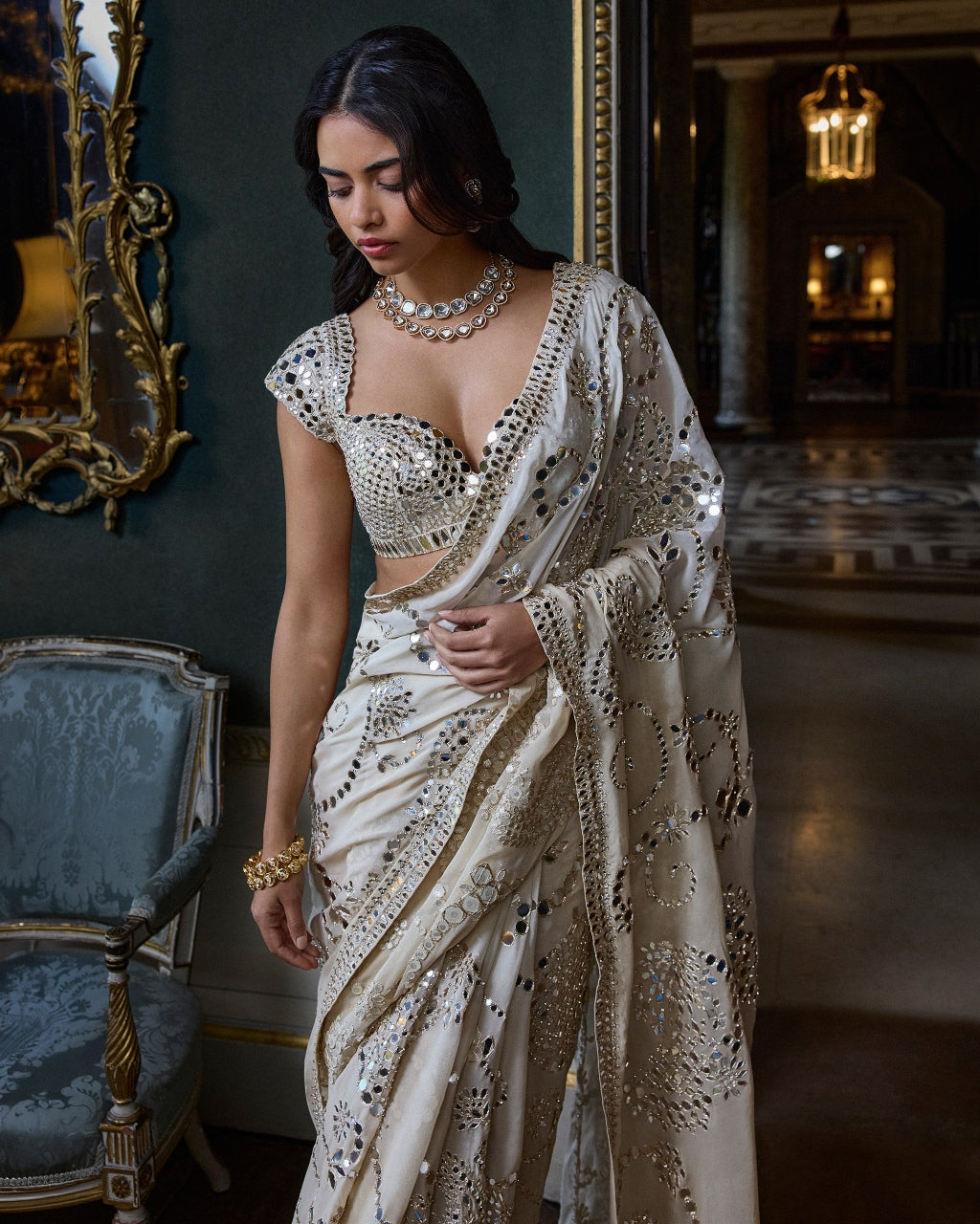 Beige Mirror Work Sari Set